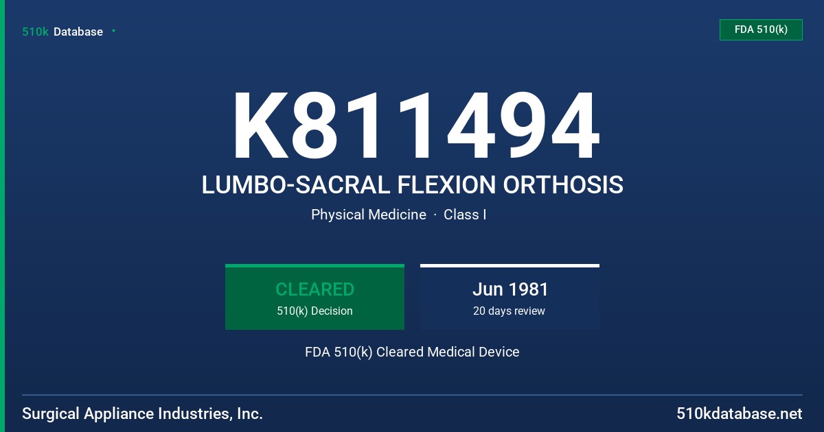 K811494 LUMBO-SACRAL FLEXION ORTHOSIS FDA 510(k) Cleared Medical Device
