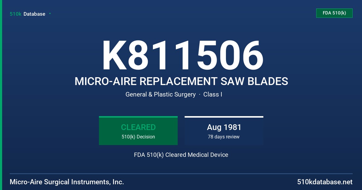 K811506 MICRO-AIRE REPLACEMENT SAW BLADES FDA 510(k) Cleared Medical Device
