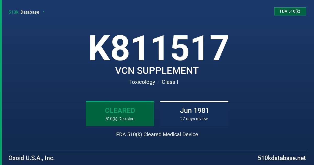 K811517 VCN SUPPLEMENT FDA 510(k) Cleared Medical Device
