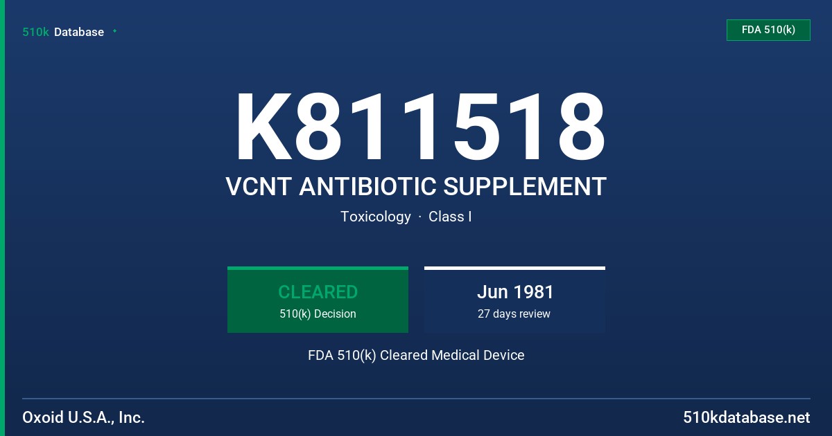 K811518 VCNT ANTIBIOTIC SUPPLEMENT FDA 510(k) Cleared Medical Device