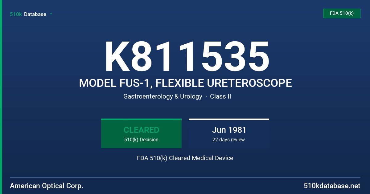 K811535 MODEL FUS-1, FLEXIBLE URETEROSCOPE FDA 510(k) Cleared Medical Device