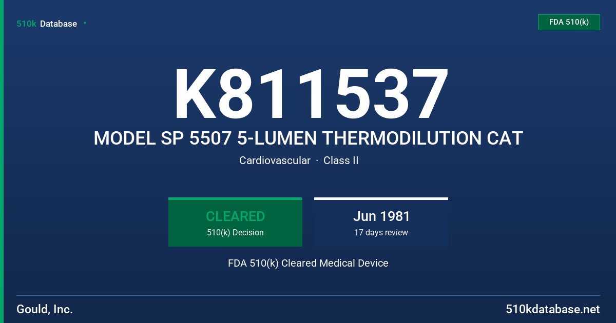 K811537 MODEL SP 5507 5-LUMEN THERMODILUTION CAT FDA 510(k) Cleared Medical Device