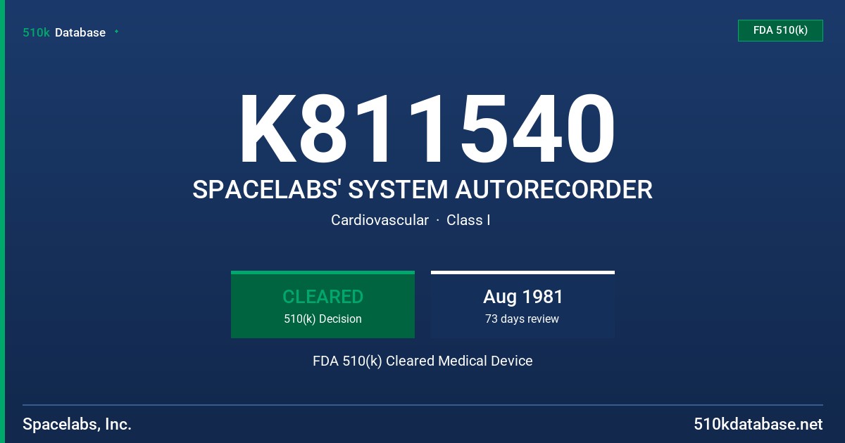 K811540 SPACELABS' SYSTEM AUTORECORDER FDA 510(k) Cleared Medical Device