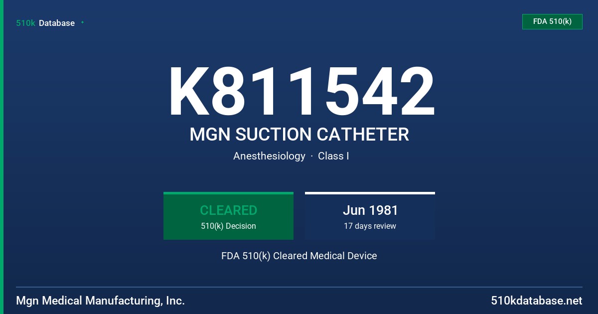 K811542 MGN SUCTION CATHETER FDA 510(k) Cleared Medical Device
