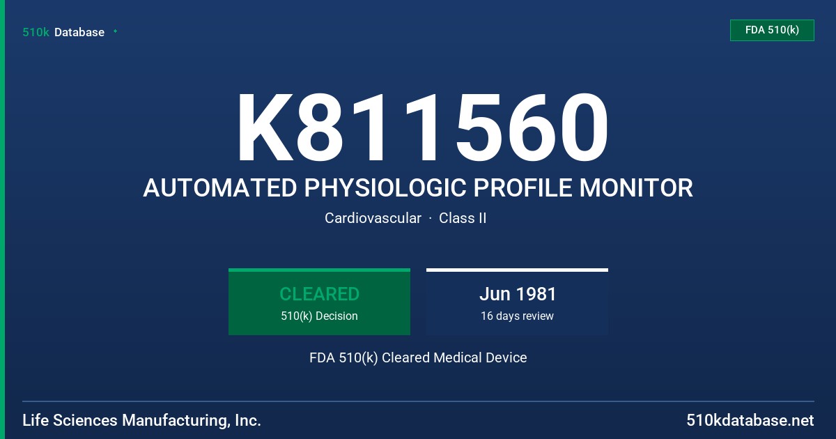 K811560 AUTOMATED PHYSIOLOGIC PROFILE MONITOR FDA 510(k) Cleared Medical Device