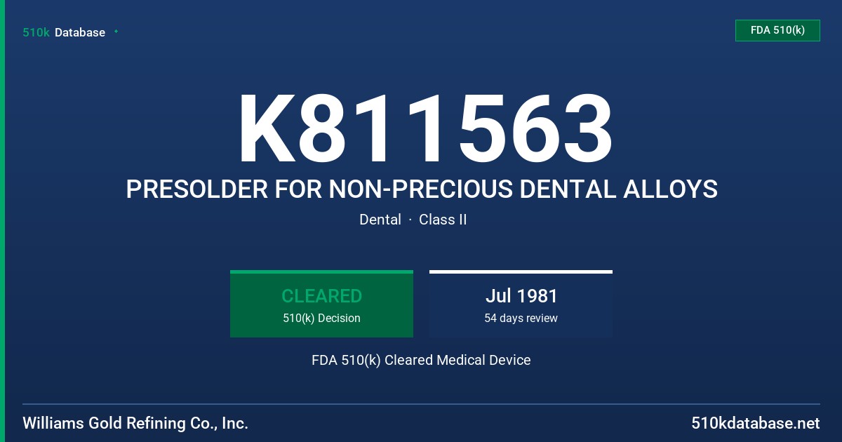 K811563 PRESOLDER FOR NON-PRECIOUS DENTAL ALLOYS FDA 510(k) Cleared Medical Device
