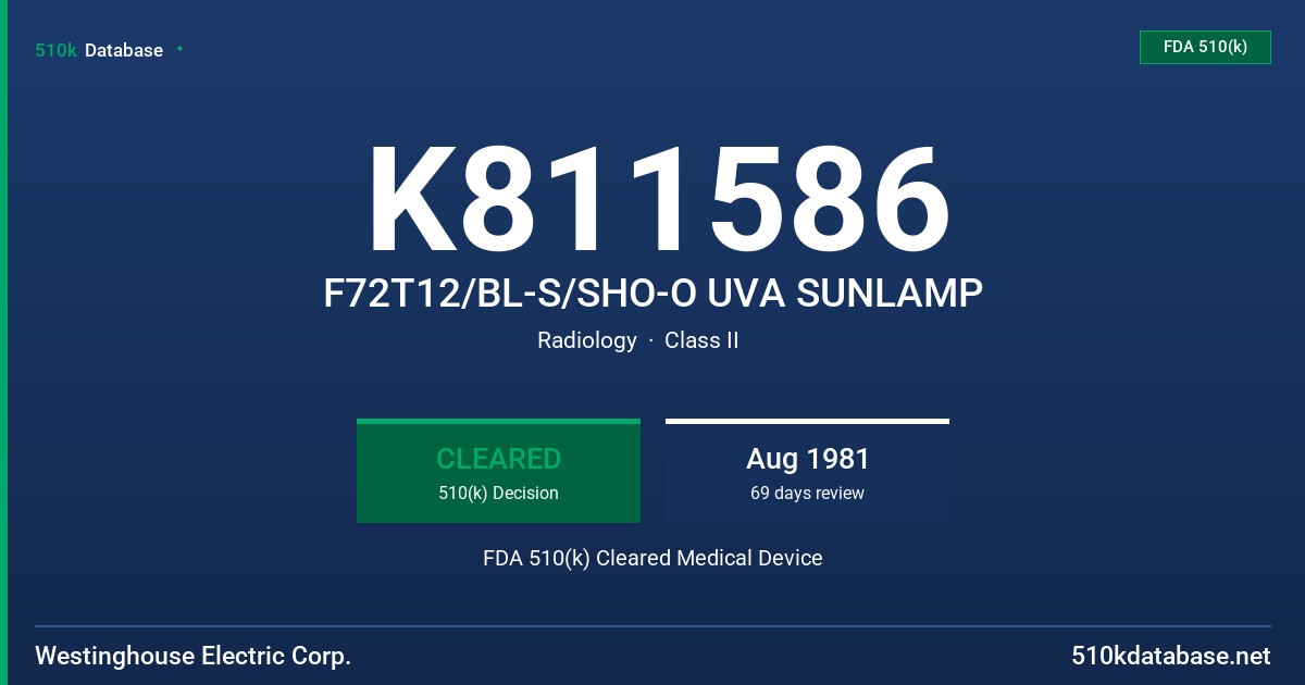 K811586 F72T12/BL-S/SHO-O UVA SUNLAMP FDA 510(k) Cleared Medical Device