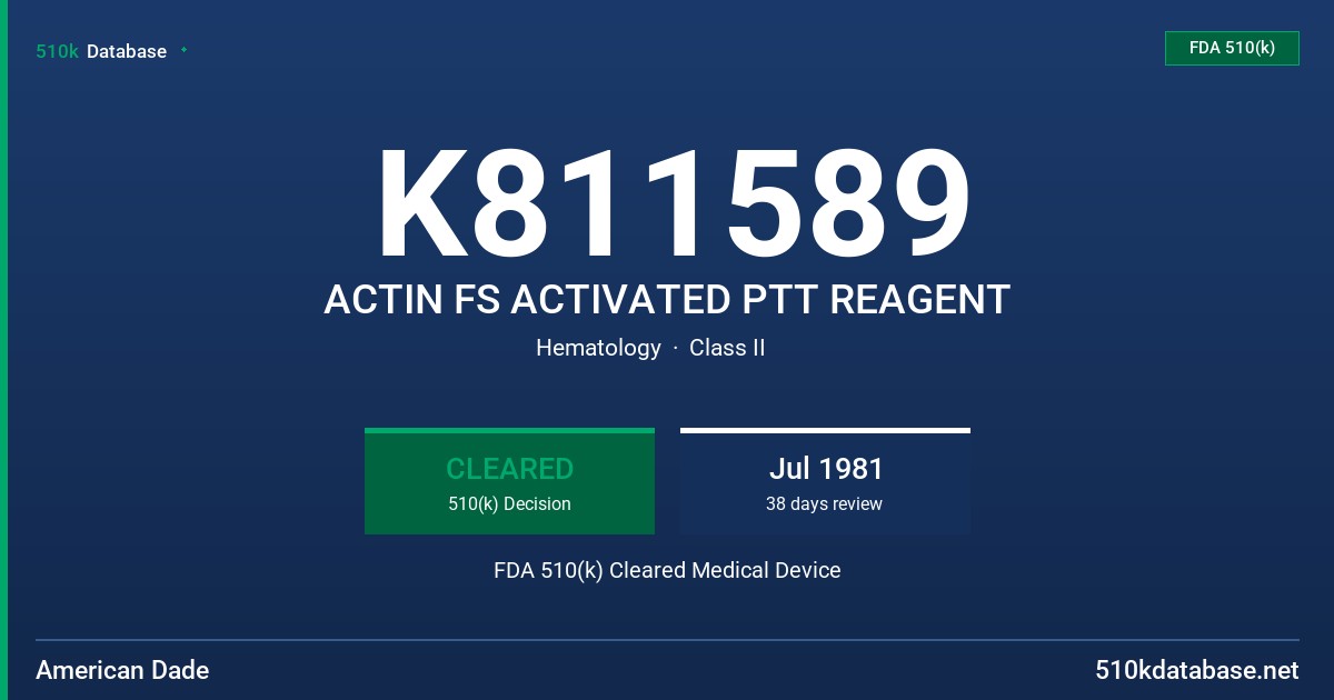 K811589 ACTIN FS ACTIVATED PTT REAGENT FDA 510(k) Cleared Medical Device