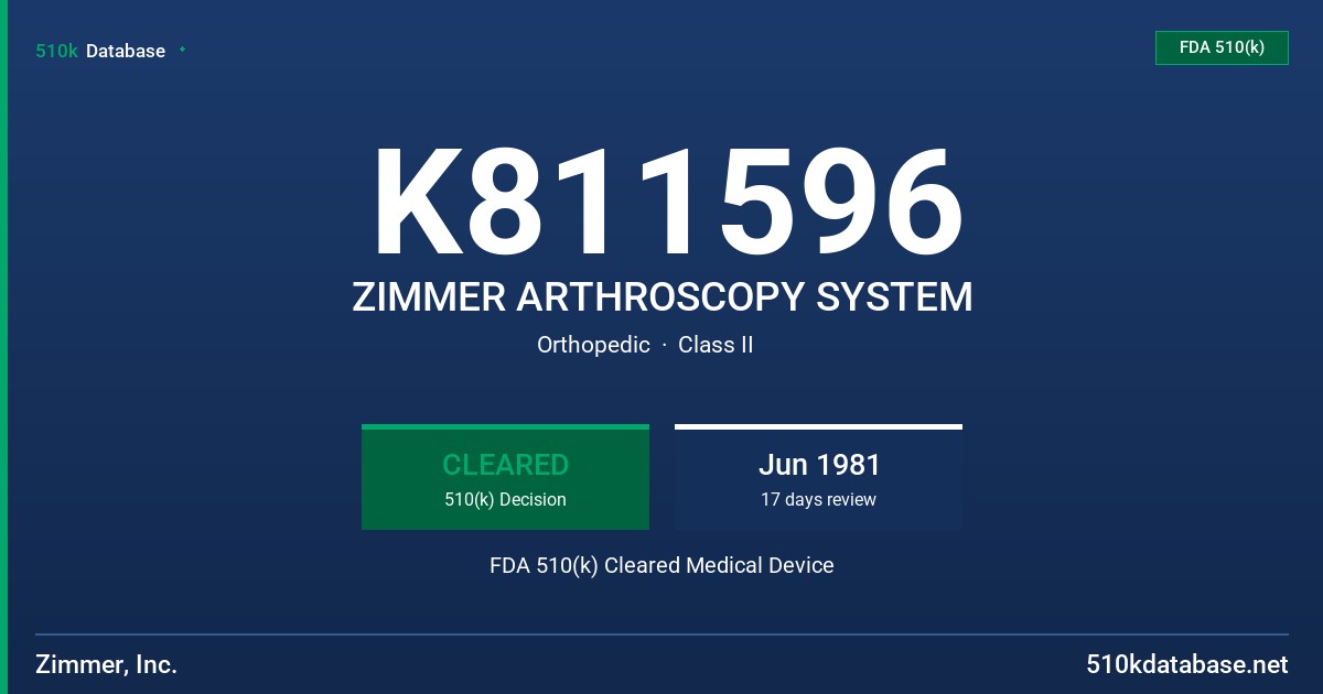 K811596 ZIMMER ARTHROSCOPY SYSTEM FDA 510(k) Cleared Medical Device