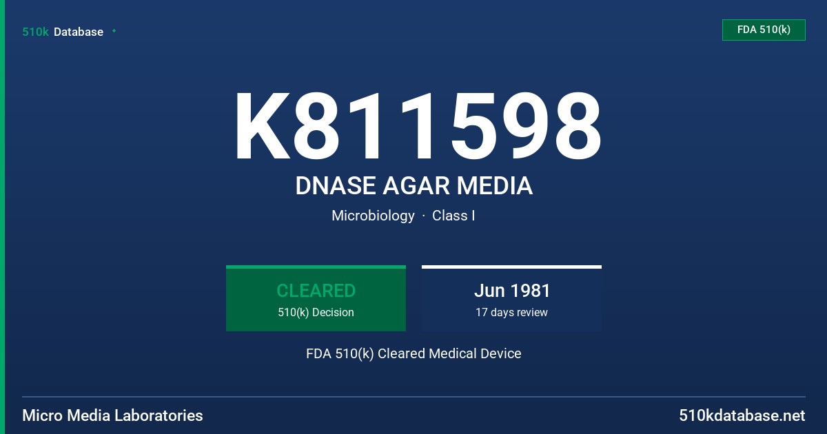 K811598 DNASE AGAR MEDIA FDA 510(k) Cleared Medical Device