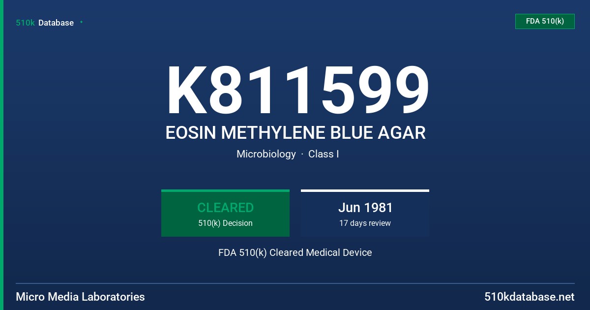 K811599 EOSIN METHYLENE BLUE AGAR FDA 510(k) Cleared Medical Device