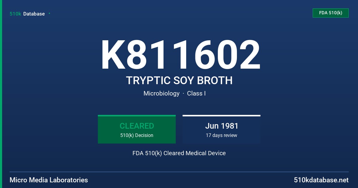 K811602 TRYPTIC SOY BROTH FDA 510(k) Cleared Medical Device