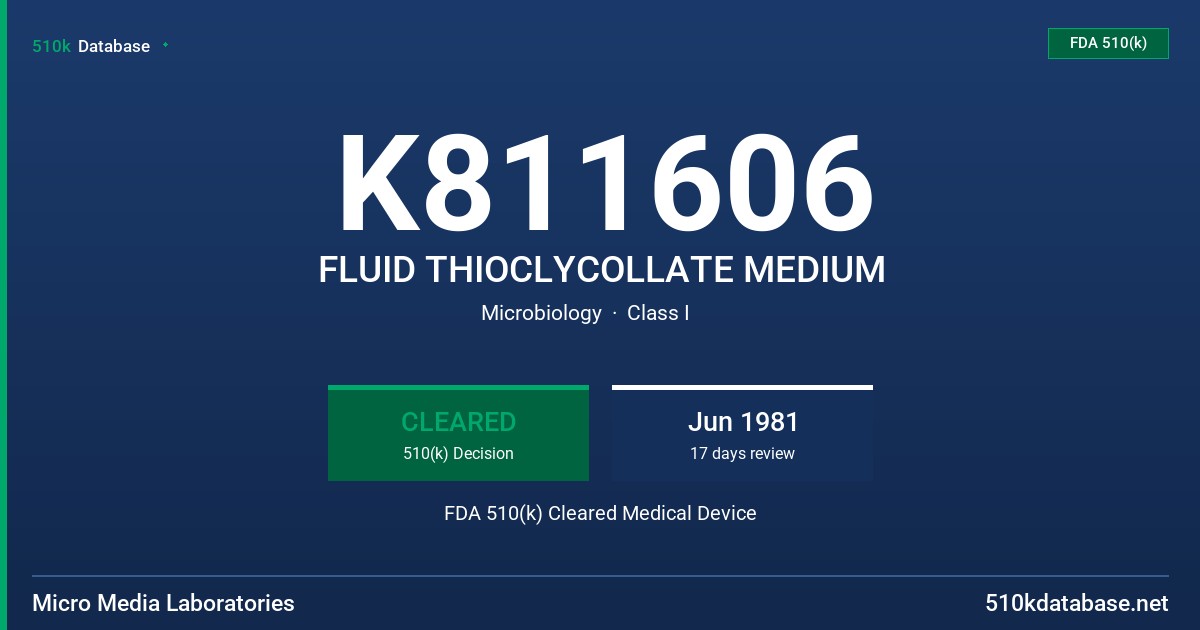 K811606 FLUID THIOCLYCOLLATE MEDIUM FDA 510(k) Cleared Medical Device