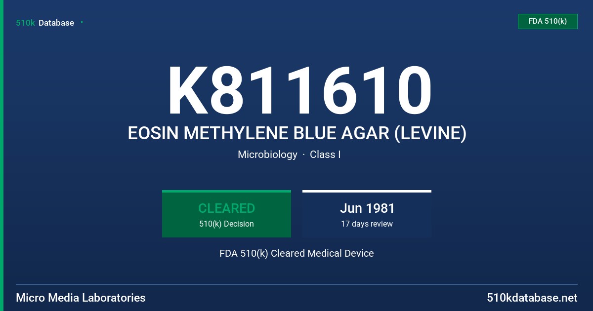 K811610 EOSIN METHYLENE BLUE AGAR (LEVINE) FDA 510(k) Cleared Medical Device