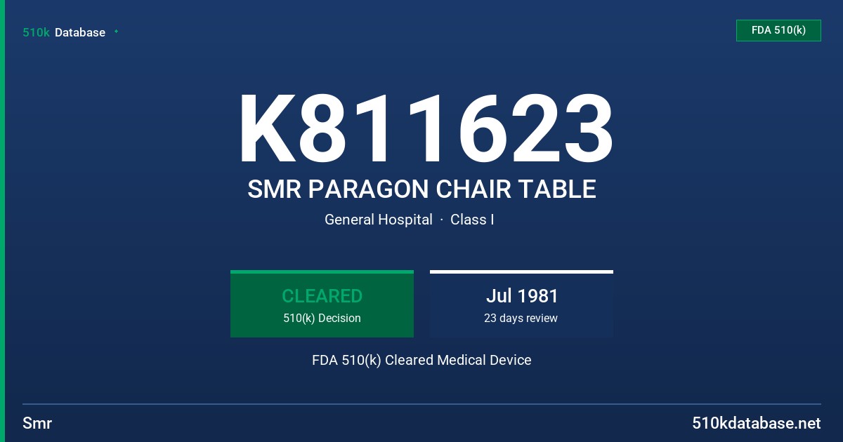 K811623 SMR PARAGON CHAIR TABLE FDA 510(k) Cleared Medical Device