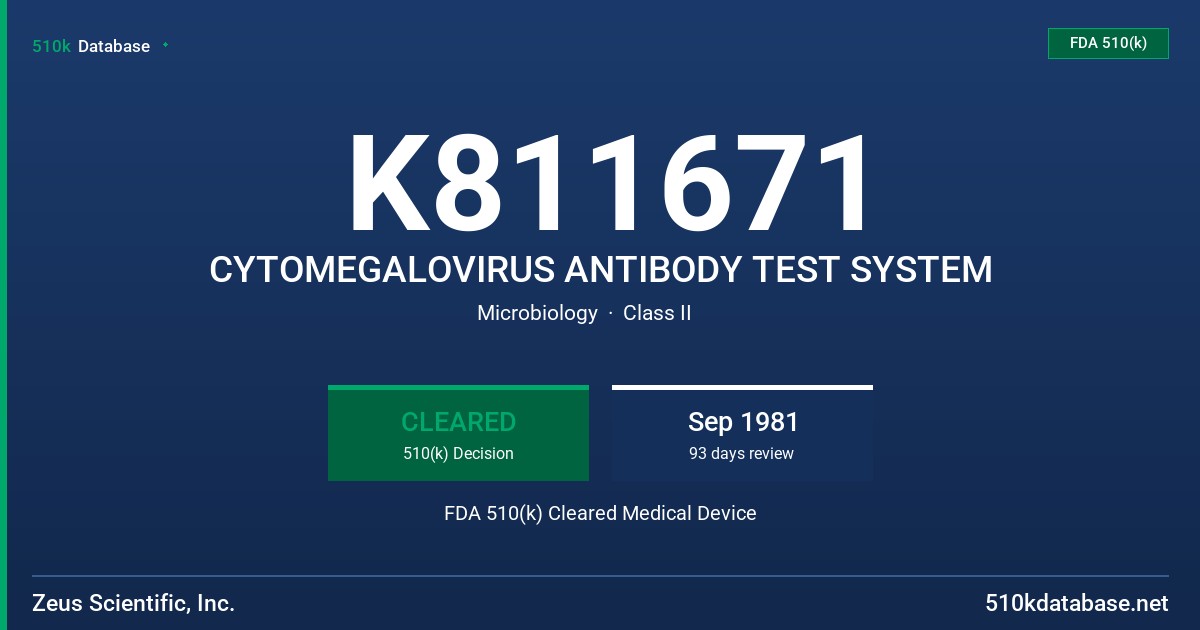 K811671 CYTOMEGALOVIRUS ANTIBODY TEST SYSTEM FDA 510(k) Cleared Medical Device