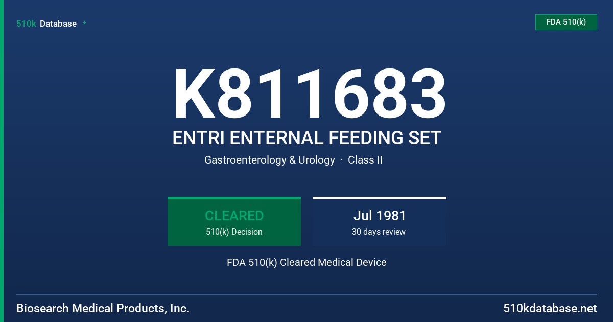 K811683 ENTRI ENTERNAL FEEDING SET FDA 510(k) Cleared Medical Device