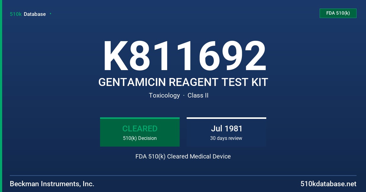 K811692 GENTAMICIN REAGENT TEST KIT FDA 510(k) Cleared Medical Device