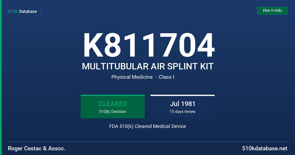 K811704 MULTITUBULAR AIR SPLINT KIT FDA 510(k) Cleared Medical Device