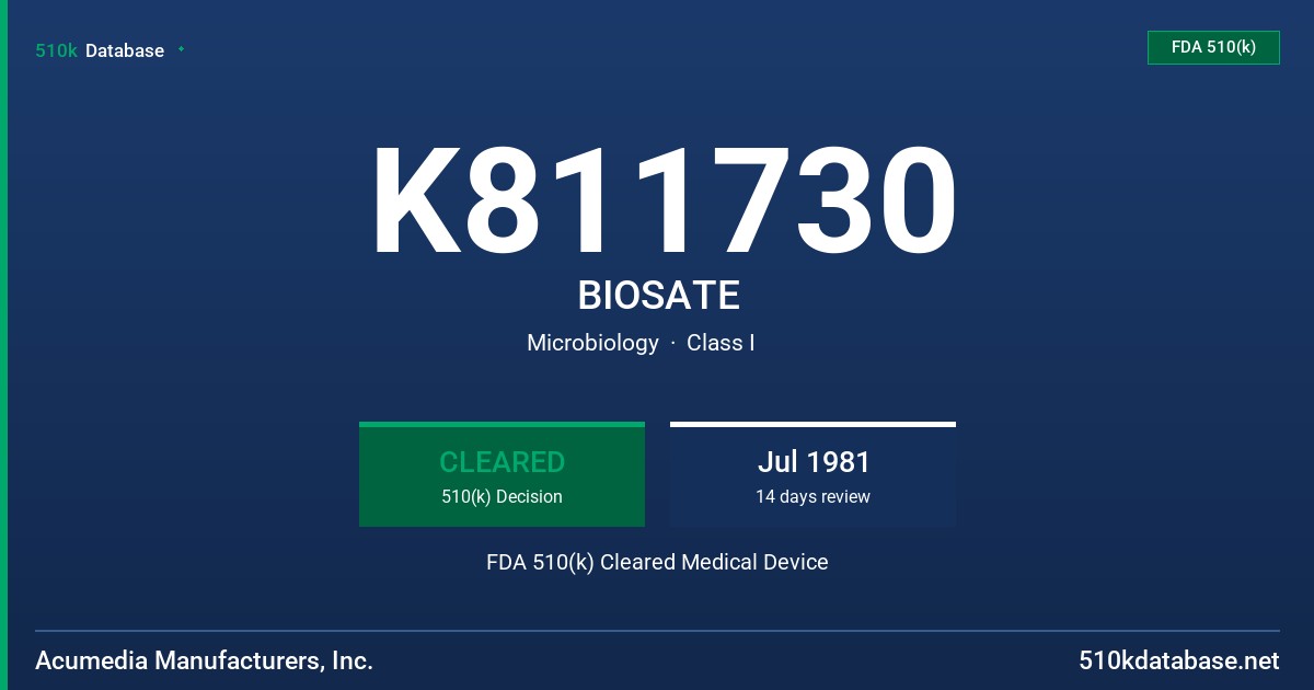 K811730 BIOSATE FDA 510(k) Cleared Medical Device