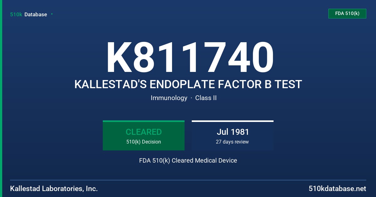 K811740 KALLESTAD'S ENDOPLATE FACTOR B TEST FDA 510(k) Cleared Medical Device