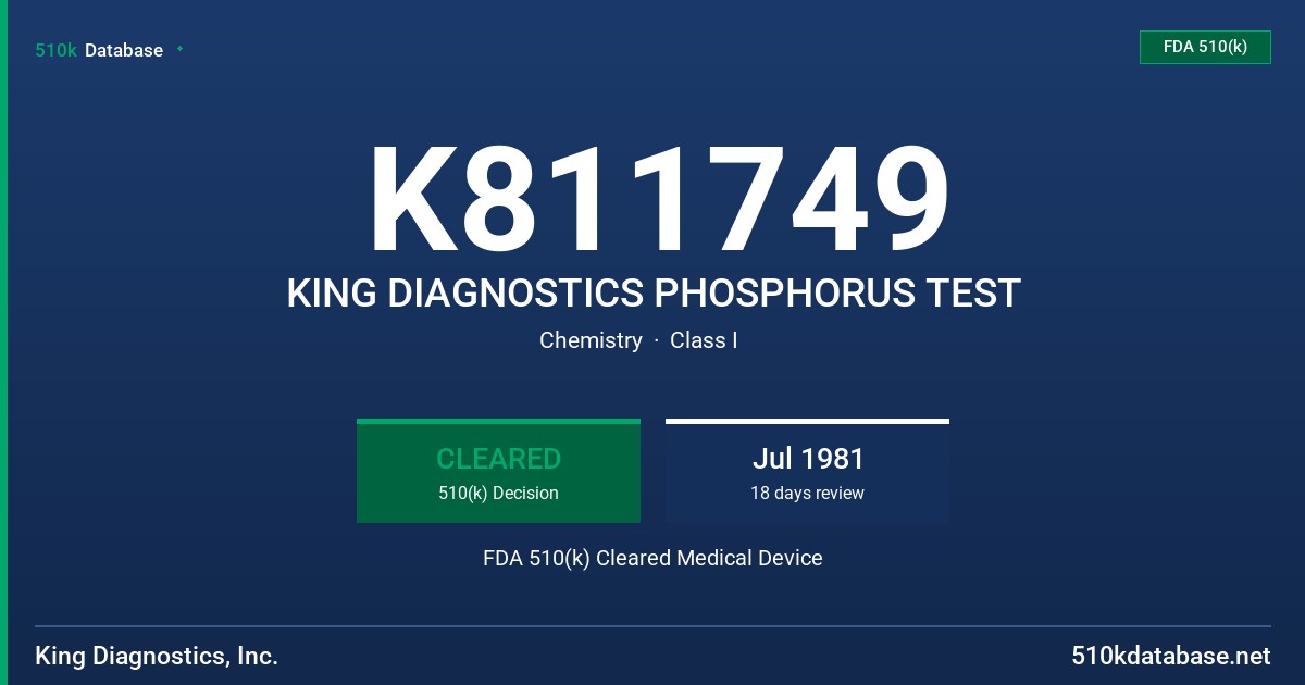K811749 KING DIAGNOSTICS PHOSPHORUS TEST FDA 510(k) Cleared Medical Device