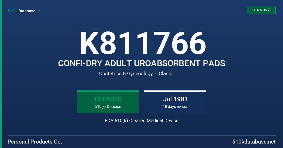 K811766 CONFI-DRY ADULT UROABSORBENT PADS FDA 510(k) Cleared Medical Device
