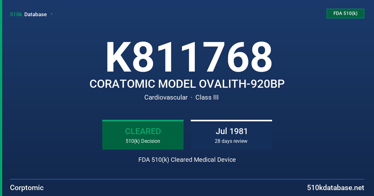 K811768 CORATOMIC MODEL OVALITH-920BP FDA 510(k) Cleared Medical Device