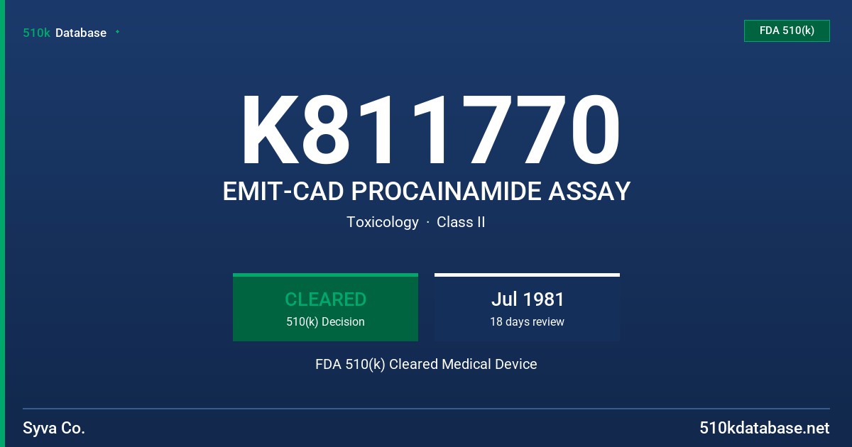 K811770 EMIT-CAD PROCAINAMIDE ASSAY FDA 510(k) Cleared Medical Device