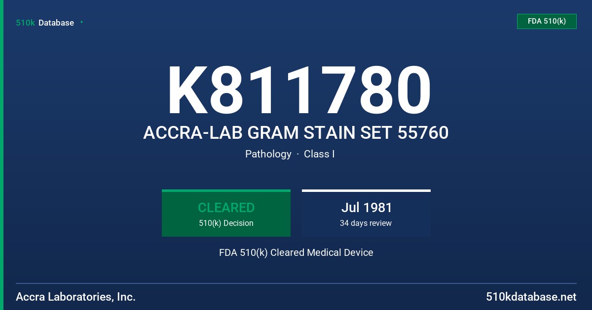K811780 ACCRA-LAB GRAM STAIN SET 55760 FDA 510(k) Cleared Medical Device