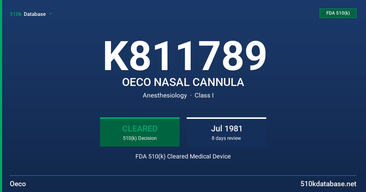 K811789 OECO NASAL CANNULA FDA 510(k) Cleared Medical Device