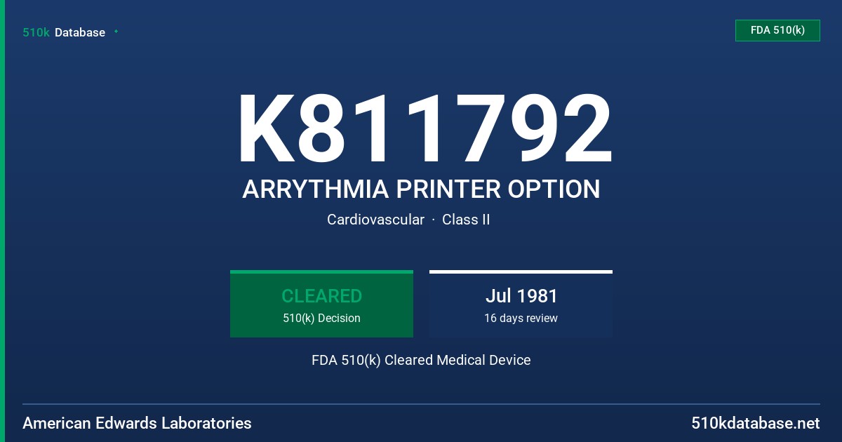 K811792 ARRYTHMIA PRINTER OPTION FDA 510(k) Cleared Medical Device
