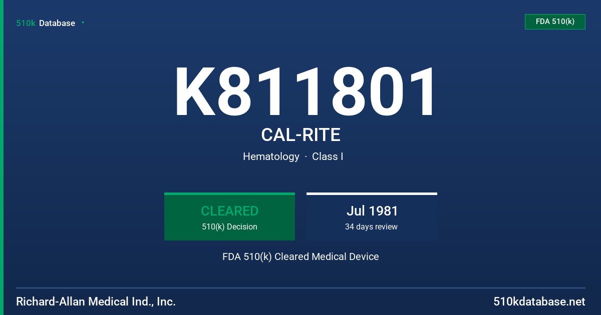 K811801 CAL-RITE FDA 510(k) Cleared Medical Device