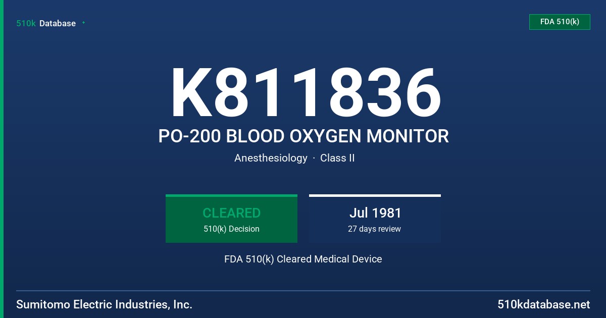 K811836 PO-200 BLOOD OXYGEN MONITOR FDA 510(k) Cleared Medical Device