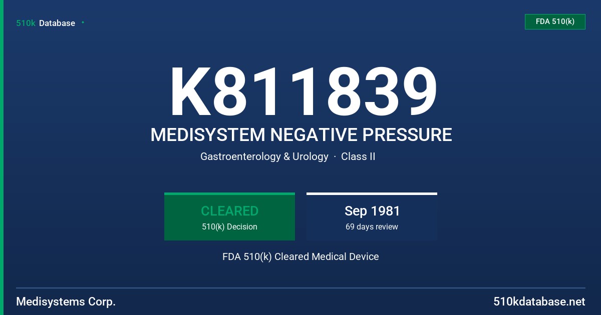 K811839 MEDISYSTEM NEGATIVE PRESSURE FDA 510(k) Cleared Medical Device