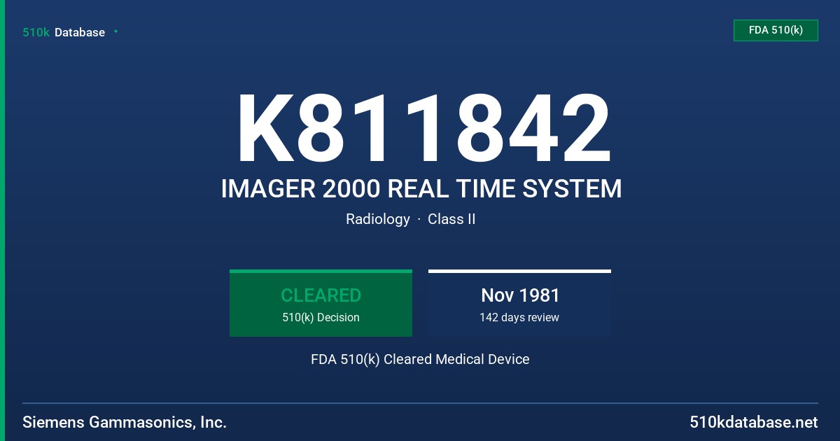 K811842 IMAGER 2000 REAL TIME SYSTEM FDA 510(k) Cleared Medical Device