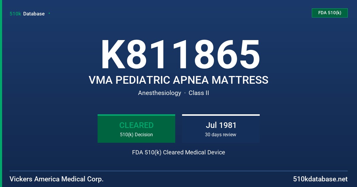 K811865 VMA PEDIATRIC APNEA MATTRESS FDA 510(k) Cleared Medical Device
