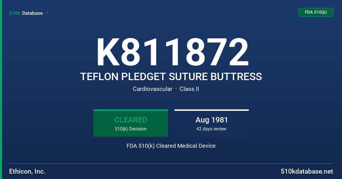 K811872 TEFLON PLEDGET SUTURE BUTTRESS FDA 510(k) Cleared Medical Device