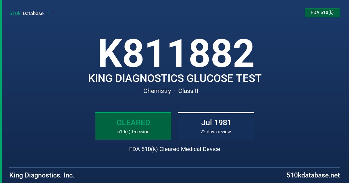 K811882 KING DIAGNOSTICS GLUCOSE TEST FDA 510(k) Cleared Medical Device