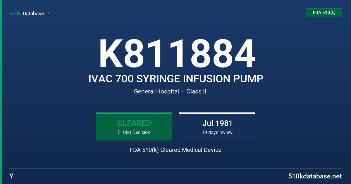 K811884 IVAC 700 SYRINGE INFUSION PUMP FDA 510(k) Cleared Medical Device