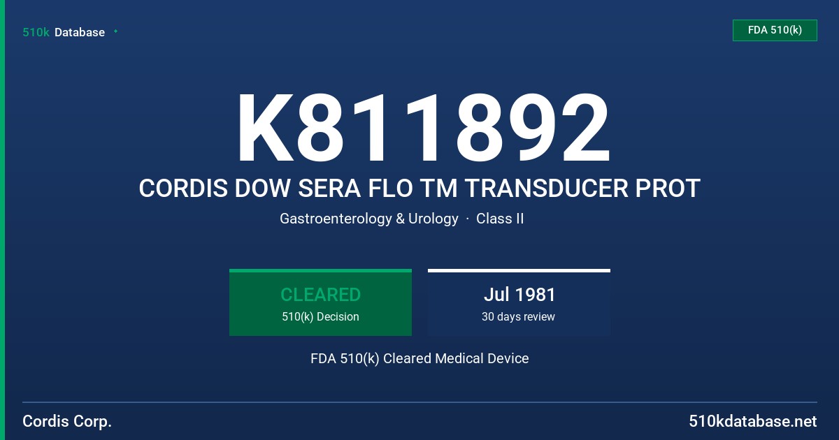 K811892 CORDIS DOW SERA FLO TM TRANSDUCER PROT FDA 510(k) Cleared Medical Device