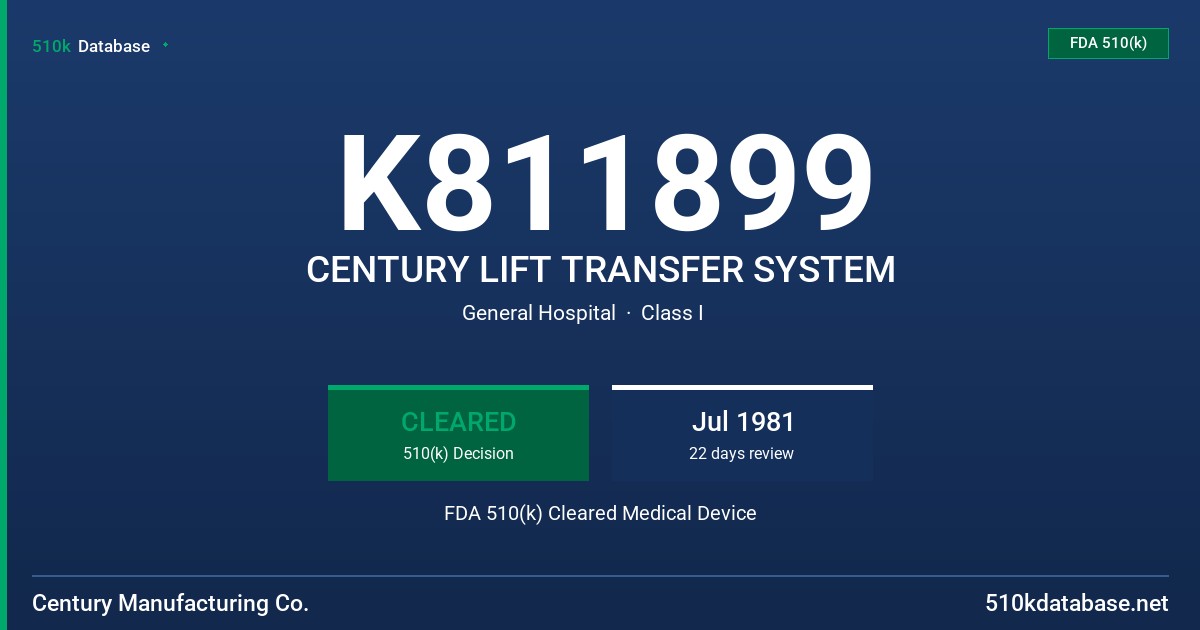 K811899 CENTURY LIFT TRANSFER SYSTEM FDA 510(k) Cleared Medical Device