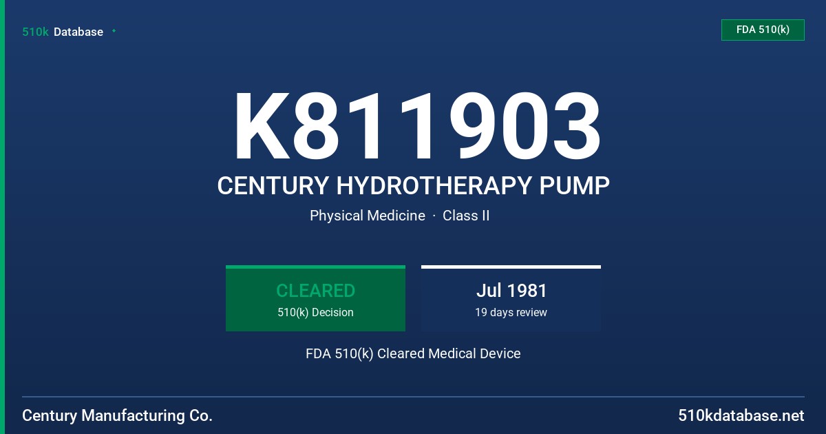 K811903 CENTURY HYDROTHERAPY PUMP FDA 510(k) Cleared Medical Device