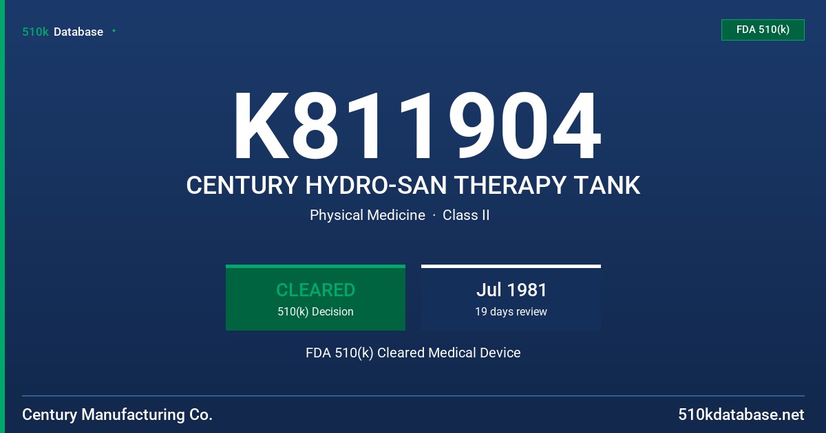 K811904 CENTURY HYDRO-SAN THERAPY TANK FDA 510(k) Cleared Medical Device