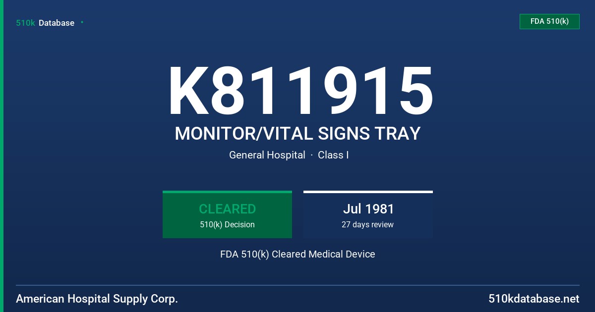 K811915 MONITOR/VITAL SIGNS TRAY FDA 510(k) Cleared Medical Device