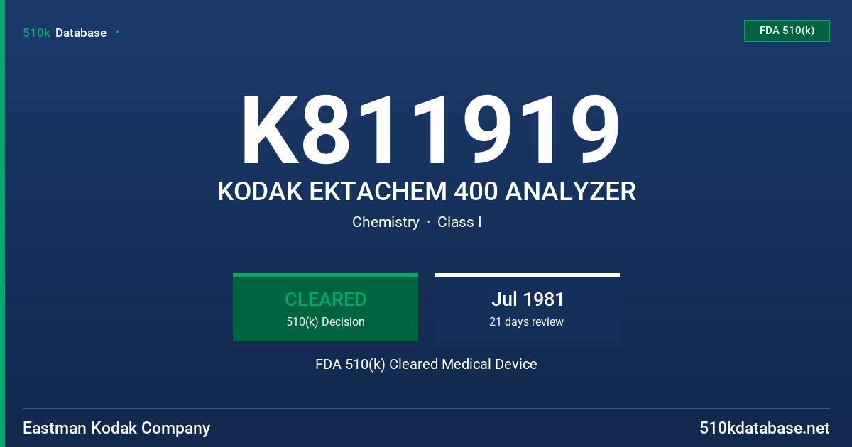 K811919 KODAK EKTACHEM 400 ANALYZER FDA 510(k) Cleared Medical Device