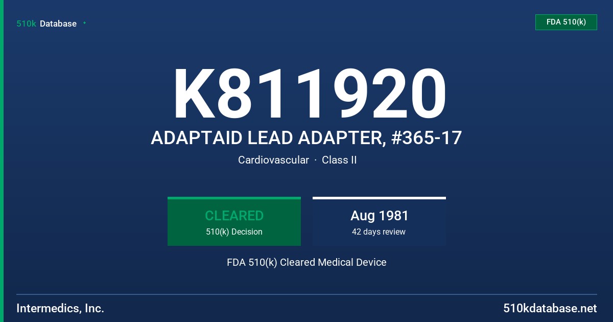 K811920 ADAPTAID LEAD ADAPTER, #365-17 FDA 510(k) Cleared Medical Device