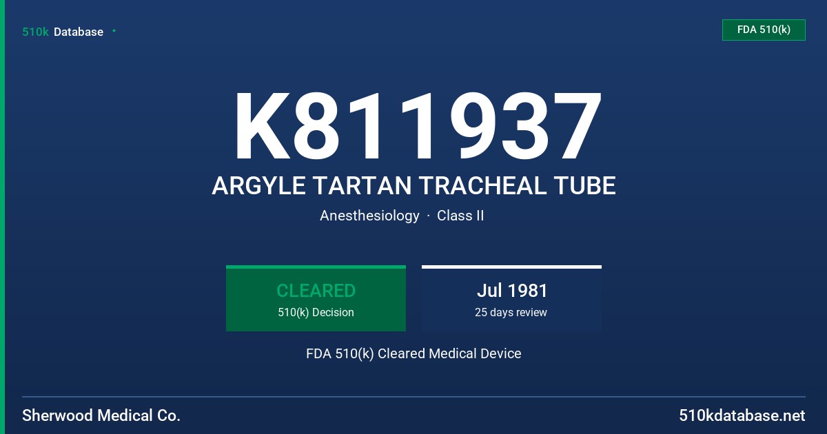 K811937 ARGYLE TARTAN TRACHEAL TUBE FDA 510(k) Cleared Medical Device