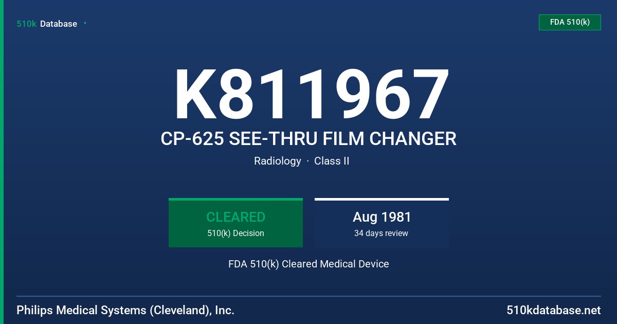 K811967 CP-625 SEE-THRU FILM CHANGER FDA 510(k) Cleared Medical Device
