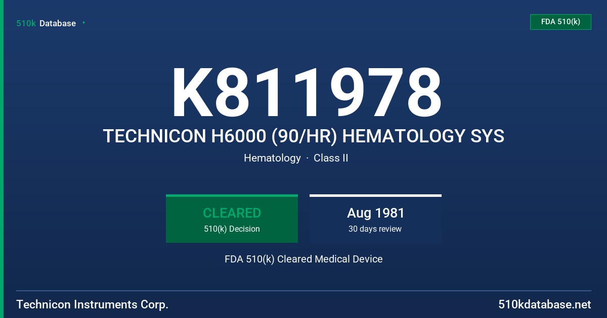 K811978 TECHNICON H6000 (90/HR) HEMATOLOGY SYS FDA 510(k) Cleared Medical Device